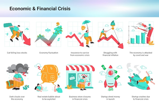 Vector paquete de ilustración de crisis económica y financiera