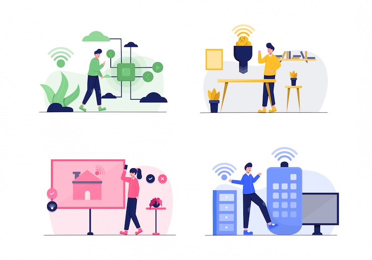 Vector paquete de ilustración de diseño plano de internet de las cosas con personaje