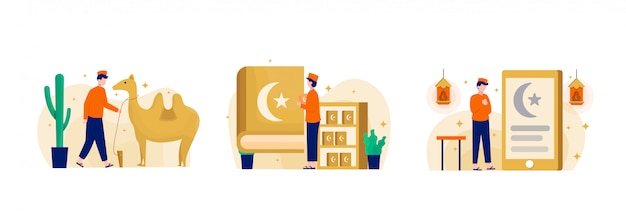 Paquete de ilustración de diseño plano Ramadhan con personaje
