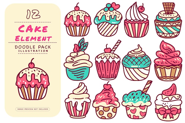 Paquete de ilustración de Doodle de pastel