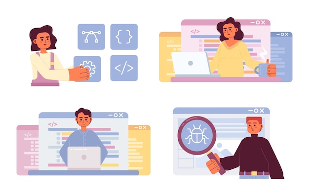 Paquete de ilustración de vector de concepto plano de proceso de desarrollo web