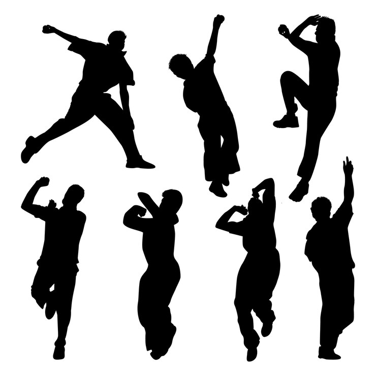 Paquete de ilustración vectorial de siluetas de bolos de jugador de críquet masculino