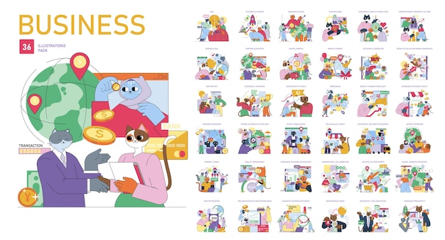 El paquete de ilustraciones comerciales presenta varios aspectos de las transacciones comerciales con animales atractivos