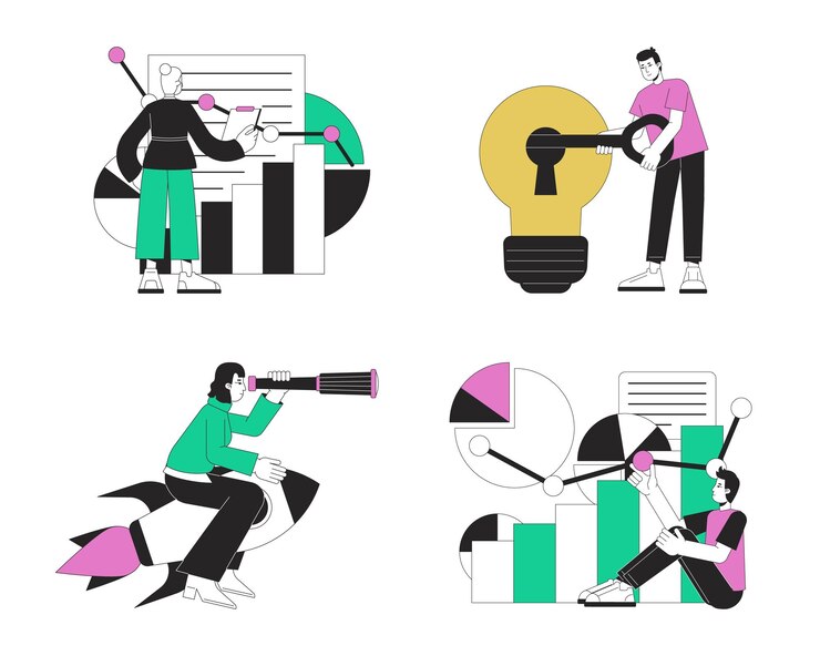 Vector paquete de ilustraciones de puntos vectoriales de concepto de línea plana de estrategia de inicio de modo sigiloso