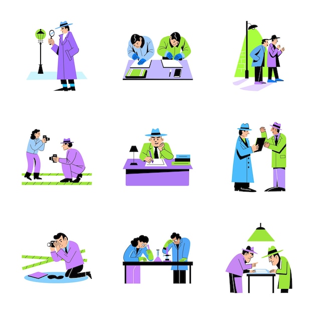 Paquete de ilustraciones de trabajo de detective de estilo plano