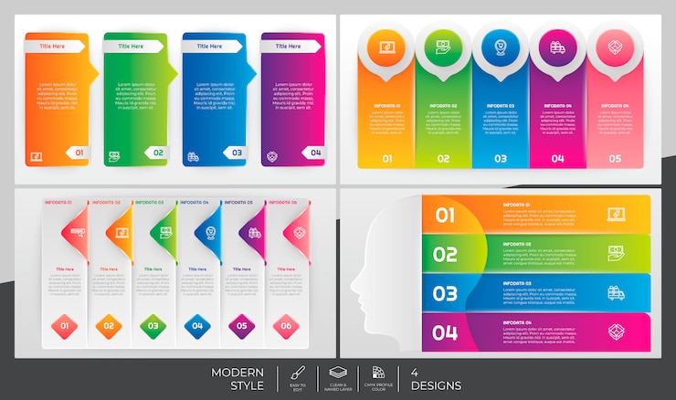 Vector paquete de infografía de pasos y opciones con estilo moderno y concepto colorido