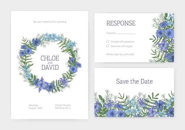 Paquete de invitación de boda romántica, Save The Date y plantillas de tarjetas de respuesta decoradas con flores silvestres de pradera, plantas con flores y hierbas. Ilustración vectorial floral realista.