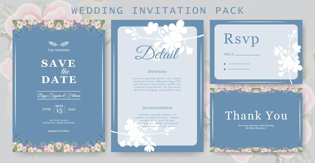 Paquete de invitación de boda con tema de color azul