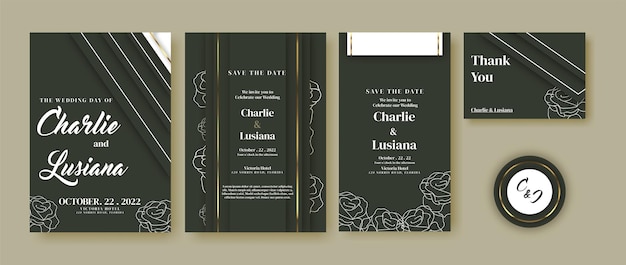 Paquete de invitación de boda verde con rsvp gracias e historia de redes sociales