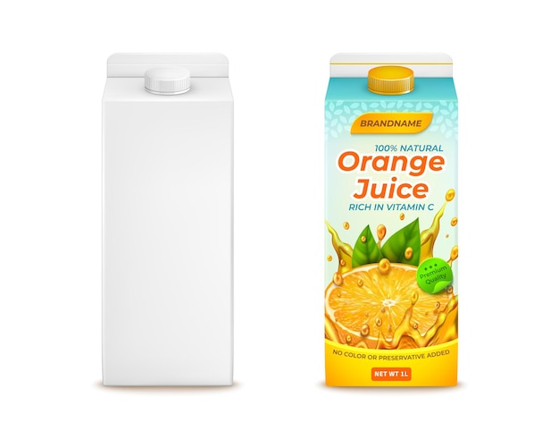 Paquete de jugo de naranja 3D detallado realista y conjunto de plantillas blancas vacías vectorial