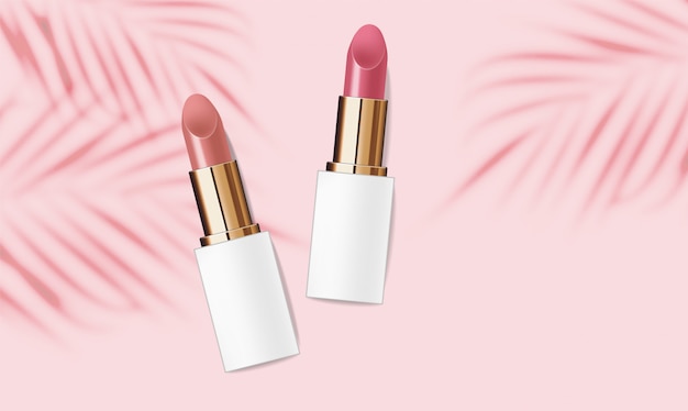 Paquete de lápiz labial realista, banner de maquillaje, fondo de cosméticos de verano, embalaje