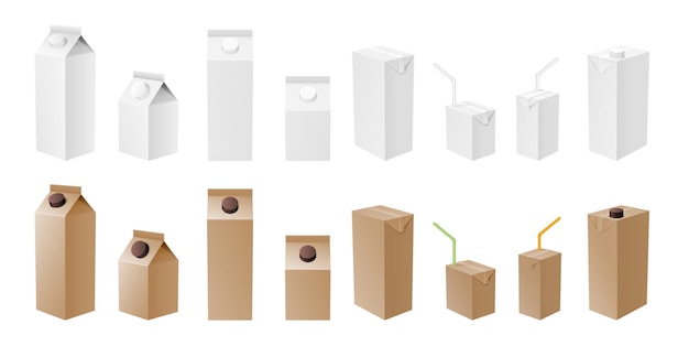 Paquete de leche y jugo blanco y maqueta artesanal. Paquete de cartón realista aislado, plantilla para productos lácteos