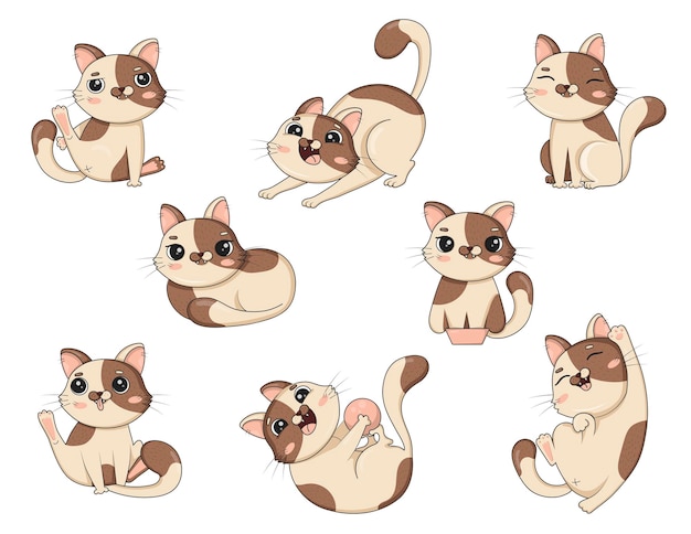 Paquete de lindo gato de dibujos animados en diferentes poses se juega aislado sobre fondo blanco