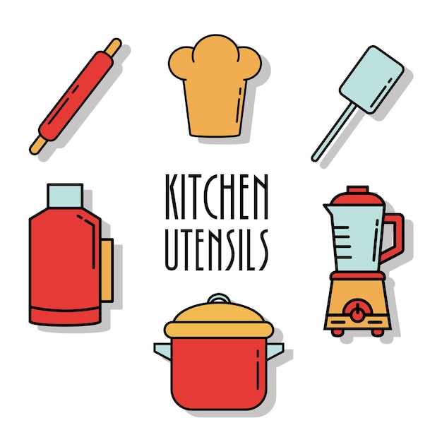 Paquete de línea de utensilios de cocina y colores, iconos y letras de estilo