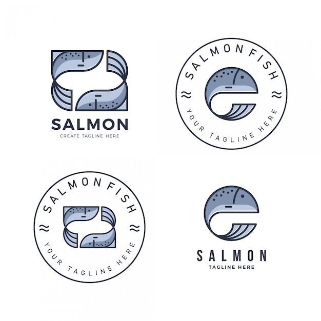 Un paquete de logotipo de salmón con un estilo plano simple y moderno