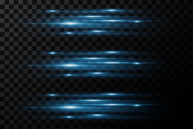 Un paquete de luces horizontales brillantes, rayos y líneas sobre un fondo transparente