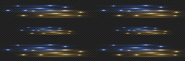 Un paquete de luces horizontales brillantes, rayos y líneas sobre un fondo transparente