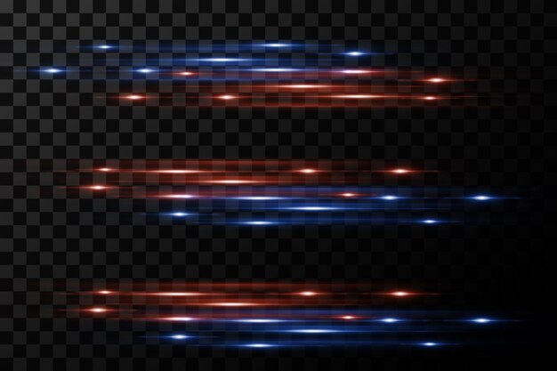 Un paquete de luces horizontales brillantes, rayos y líneas sobre un fondo transparente