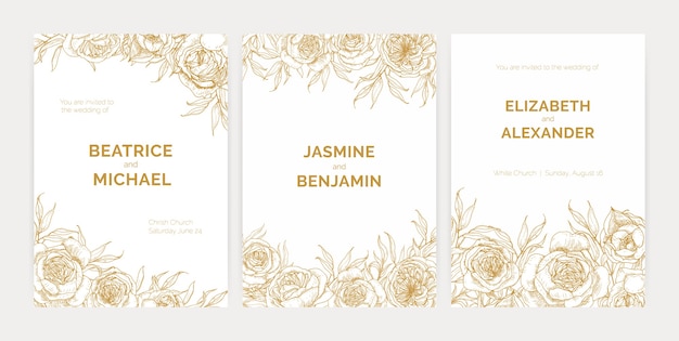 Paquete de magníficas plantillas de invitación de fiesta de boda floral con rosas provenzales dibujadas a mano con líneas de contorno y lugar para el texto