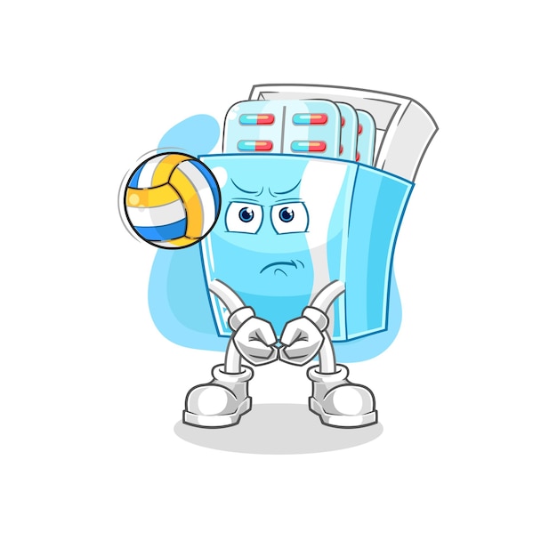 Paquete de medicina jugar vector de dibujos animados de mascota de voleibol