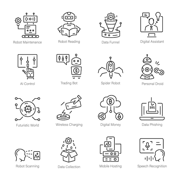 Paquete moderno de íconos lineales de IA y tecnología robótica