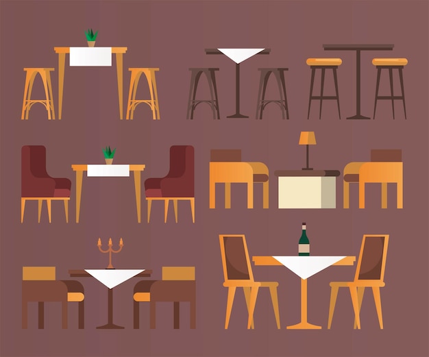 Vector paquete de muebles de bar y restaurante establecer iconos