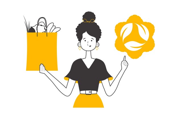 Paquete de mujer con productos y logotipo ecológico El concepto de consumo razonable Estilo de moda lineal Aislado sobre fondo blanco Ilustración vectorial