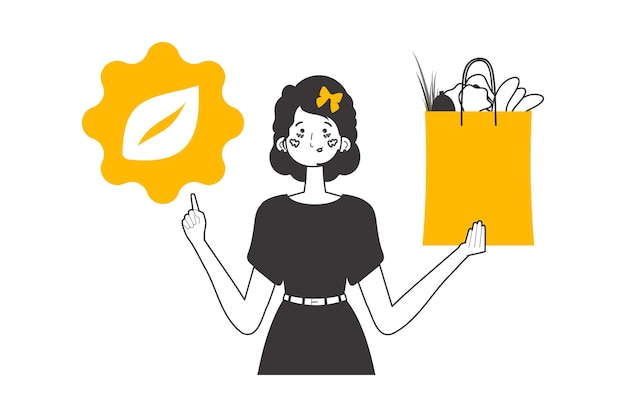 Paquete de mujer con productos y logotipo ecológico El concepto de consumo razonable Estilo moderno lineal Aislado sobre fondo blanco Ilustración vectorial