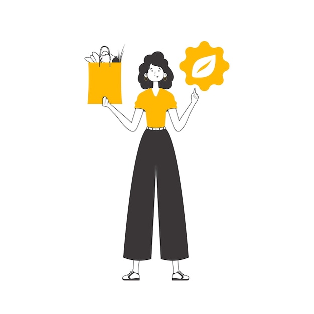 Paquete de niña con productos y logotipo ecológico El concepto de consumo razonable Estilo lineal Aislado sobre fondo blanco Ilustración vectorial