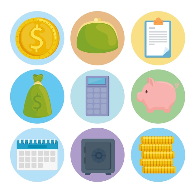 Paquete de nueve iconos de economía de dinero de ahorro ilustración