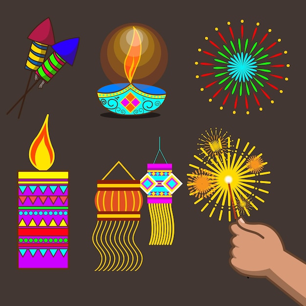 Paquete de objetos de vacaciones de diwali de vector de dibujos animados