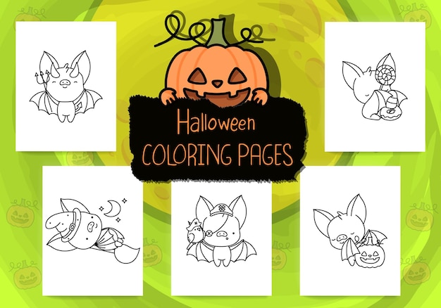 Paquete de páginas para colorear de Halloween. Conjunto de contorno murciélago de Halloween para colorear página.