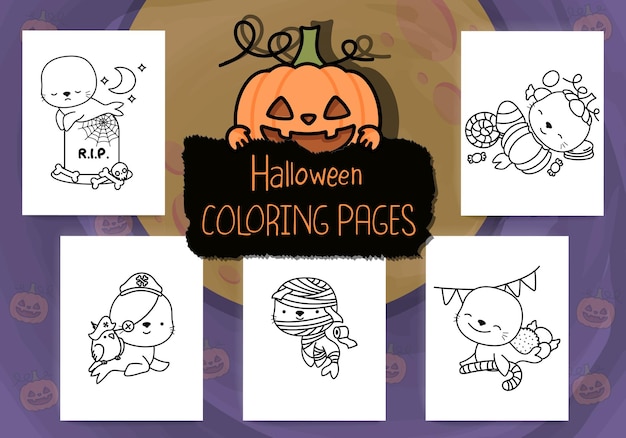 Paquete de páginas para colorear de Halloween. Conjunto de sello de contorno de Halloween para colorear página.