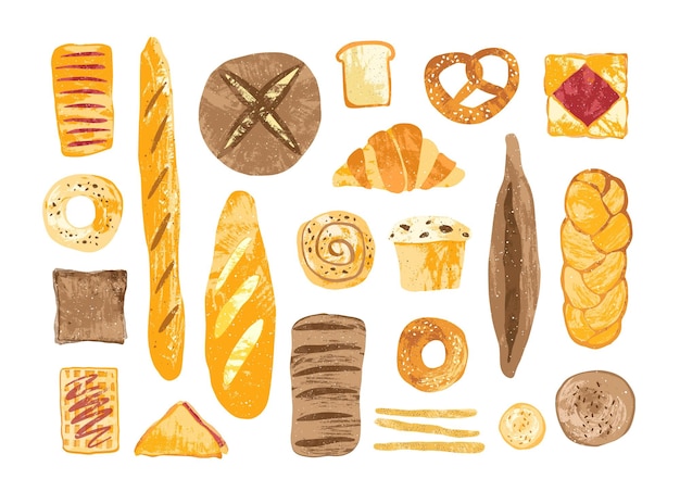 Paquete de panes y productos horneados caseros de diferentes tipos, formas y tamaños aislados en fondo blanco: pan, bollo, baguette, tostadas, muffin, pretzel, waffle. ilustración vectorial dibujada a mano.