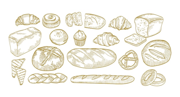 Vector paquete de panes, productos de panadería y pastelería de diferentes tipos, formas y tamaños aislados en fondo blanco: pan, baguette, croissant, muffin, pretzel. ilustración vectorial dibujada a mano monocromática