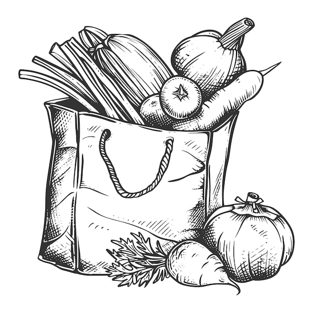 paquete de papel con verduras orgánicas dibujo a mano estilo de dibujo vectorial
