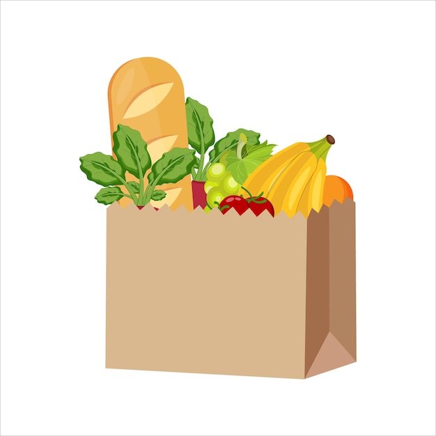 Paquete de papel con verduras, pan, remolacha, plátanos, naranjas, uvas y tomates.
