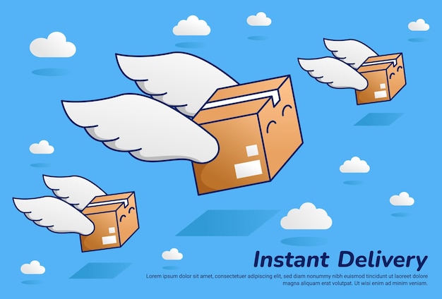Paquete de paquete rápido volando con ilustración de entrega instantánea de ala