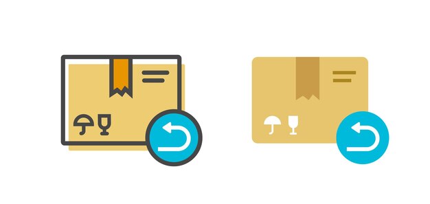 Paquete de paquetería orden de devolución icono plano contorno línea arte o paquete caja entrega de producto trazo de reembolso