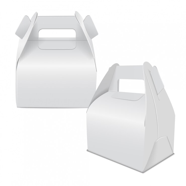 Vector paquete de pastel de papel realista, caja blanca, recipiente de regalo con asa. llevar caja de comida