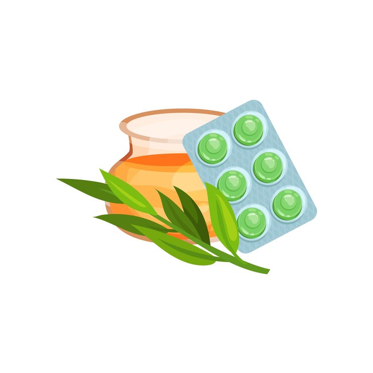 Vector paquete de pastillas con miel y caramelos de succión con sabor a hierba de eucalipto para el vector de dibujos animados de remedio para el dolor de garganta y la tos ilustración sobre un fondo blanco