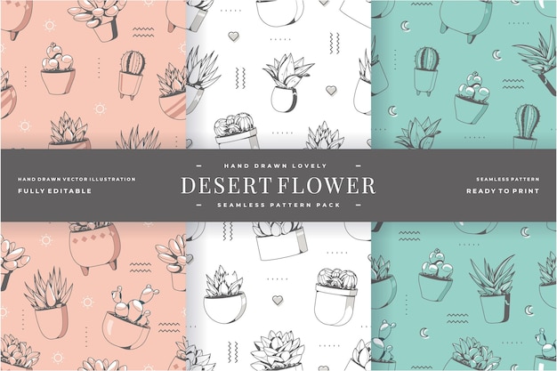 Paquete de patrones sin fisuras de flor del desierto encantadora dibujada a mano