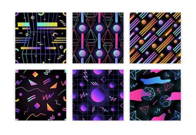 Paquete de patrones sin fisuras futuristas retro con formas geométricas de colores degradados brillantes y líneas sobre fondo negro. ilustración de vector de estilo moderno para papel de regalo, estampado de tela.