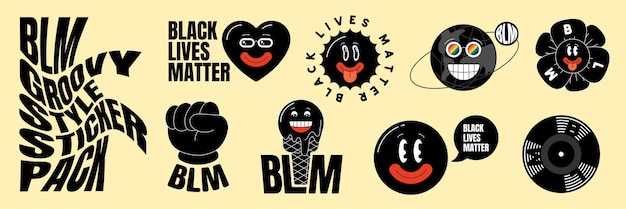 Paquete de pegatinas blm de estilo maravilloso retro establece vidas negras importan etiquetas personaje de dibujos animados loco hippie