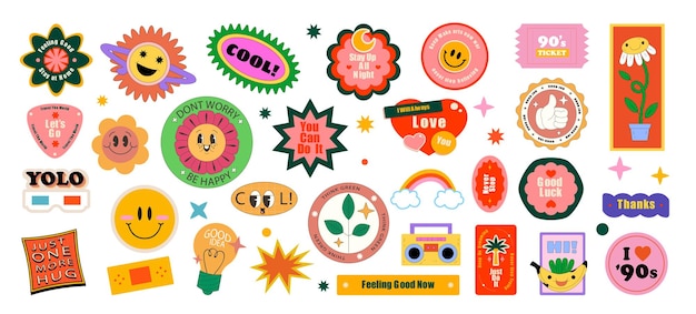 Paquete de pegatinas Colección de pines de moda Cool Trendy Patches Diseño vectorial Fondo abstracto con pegatinas Ilustración vectorial