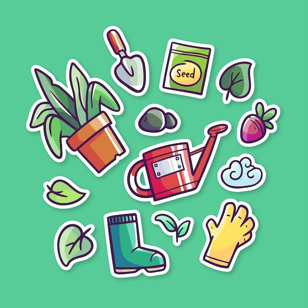 PAQUETE DE PEGATINAS DE COSAS DE JARDINERÍA DIBUJADAS A MANO