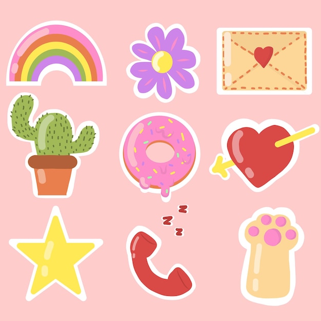 Paquete de pegatinas de dibujos animados divertidos Ilustración vectorial de cómic corazón estrella arco iris flor resumen
