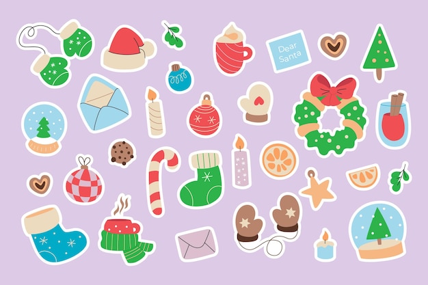 Paquete de pegatinas de elementos dibujados a mano de dibujos animados Navidad y Feliz Año Nuevo mascota de vacaciones retro