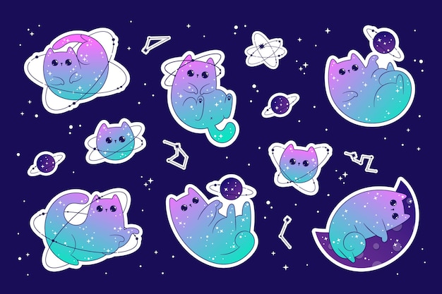 Paquete de pegatinas de gatos lindos del espacio celestial con estrellas y planetas Vector mágico kawaii de fantasía Gatito de vivero místico para tatuaje de pegatinas textiles