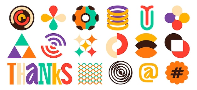 Paquete de pegatinas groovy Insignias geométricas coloridas elementos psicodélicos abstractos pegatinas hippies coloridas Vector brutalismo conjunto de ilustraciones de etiquetas modernas groovy